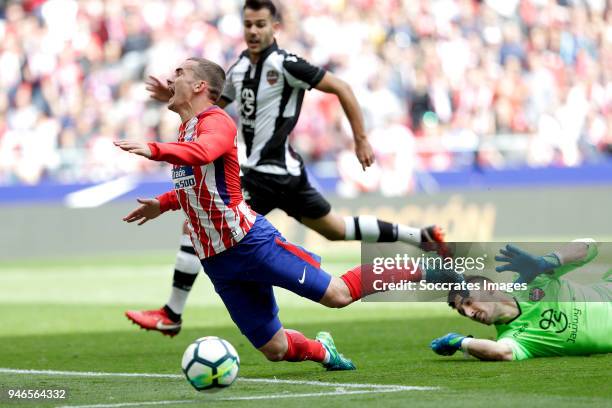 Antoine Griezmann of Atletico Madrid, Rober Pier of Levante, Oier of Levante during the La Liga Santander match between Atletico Madrid v Levante at...