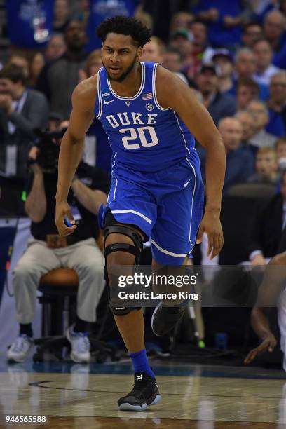 Marques Bolden of the Duke Blue Devils in action against the Kansas Jayhawks during the 2018 NCAA Men's Basketball Tournament Midwest Regional Final...