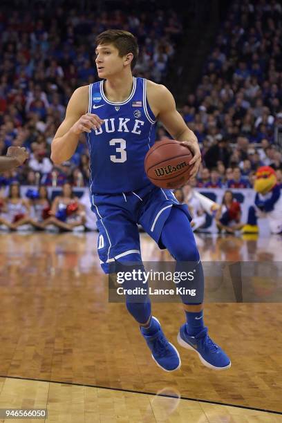 Grayson Allen of the Duke Blue Devils moves the ball against the Kansas Jayhawks during the 2018 NCAA Men's Basketball Tournament Midwest Regional...