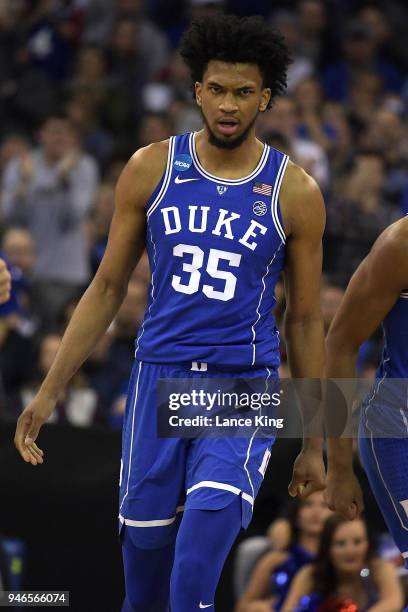 Marvin Bagley III of the Duke Blue Devils looks on during their game against the Kansas Jayhawks during the 2018 NCAA Men's Basketball Tournament...