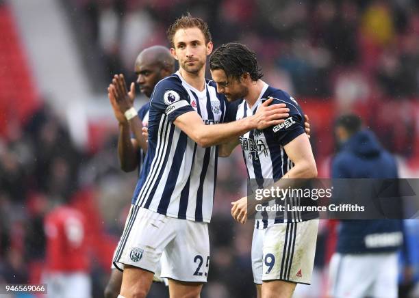 Craig Dawson of West Bromwich Albion congratulates Jay Rodriguez of West Bromwich Albion after the Premier League match between Manchester United and...