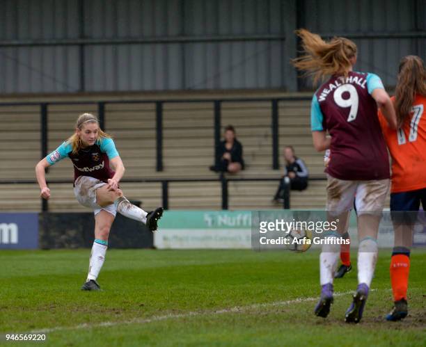 Ellie Zoepfl of West Ham United Ladies scores during The F.A. Womens Premier League Plate Competition Final at Keys Park on April 15, 2018 in...
