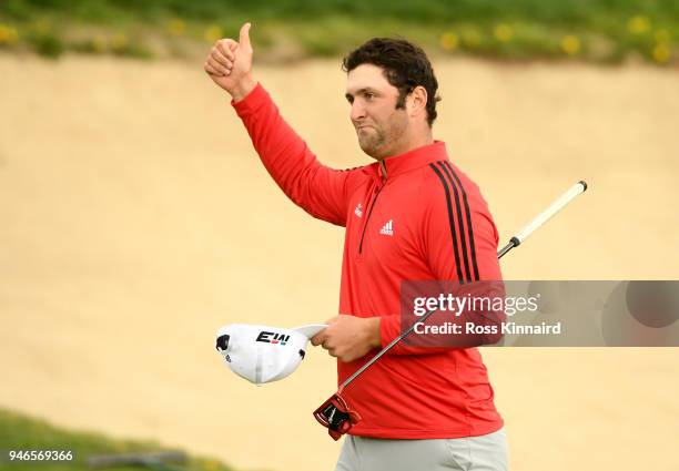 Jon Rahm of Spain acknowledges the crowd on the 18th green during Day Four of the Open de Espana at Centro Nacional de Golf on April 15, 2018 in...