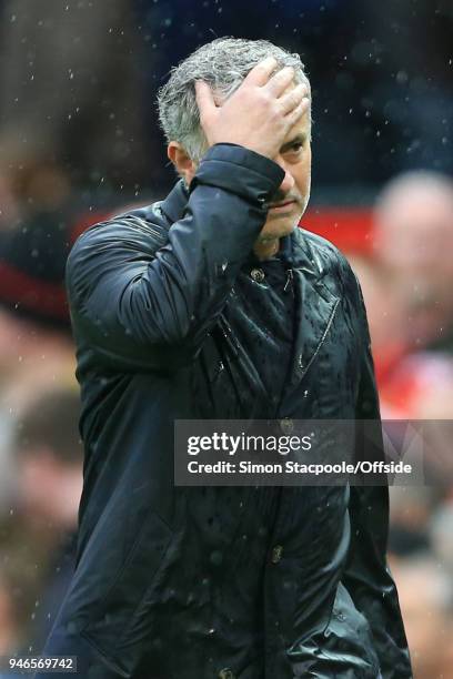 Man Utd manager Jose Mourinho looks dejected following the Premier League match between Manchester United and West Bromwich Albion at Old Trafford on...