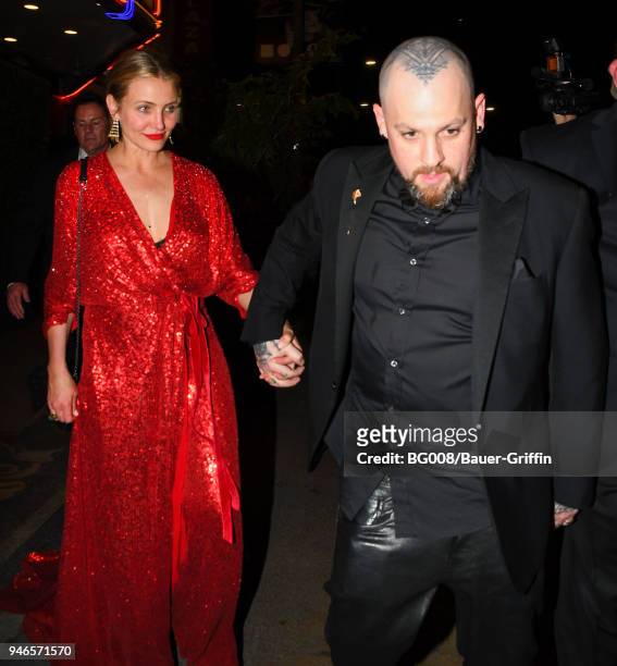 Cameron Diaz and Benji Madden are seen on April 14, 2018 in Los Angeles, California.