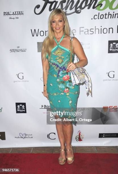 Liz Fuller arrives for the Global Launch Of Fashion88 held at Pol' Atteu Haute Couture on April 14, 2018 in Beverly Hills, California.