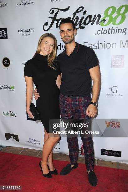 Juliana Lubin and Jones Zahdi arrive for the Global Launch Of Fashion88 held at Pol' Atteu Haute Couture on April 14, 2018 in Beverly Hills,...