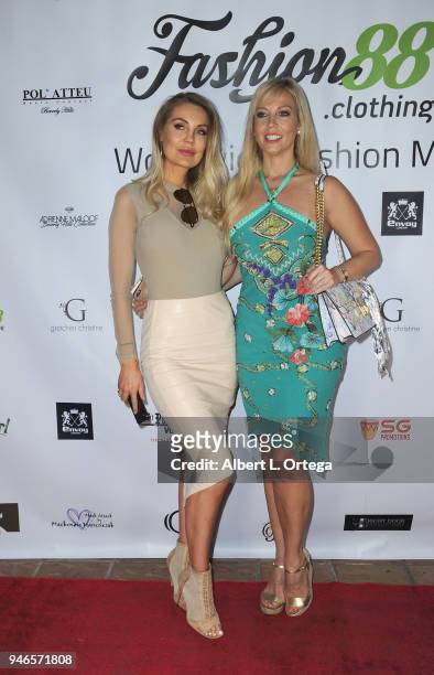 Liz Fuller and Miss Iceland Manuela arrive for the Global Launch Of Fashion88 held at Pol' Atteu Haute Couture on April 14, 2018 in Beverly Hills,...