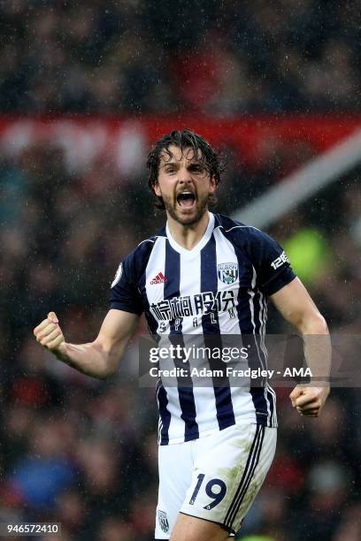 Jay Rodriguez of West Bromwich Albion celebrates after scoring a goal to make it 0-1 during the Premier League match between Manchester United and...