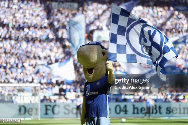 Mascot 'Erwin' of Schalke waves its flag prior to the Bundesliga match between FC Schalke 04 and Borussia Dortmund at Veltins-Arena on April 15, 2018...