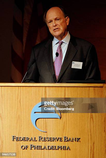 Charles Plosser, president of the Federal Reserve Bank of Philadelphia, speaks at a conference in Philadelphia, Pennsylvania, U.S., on Friday, Nov....