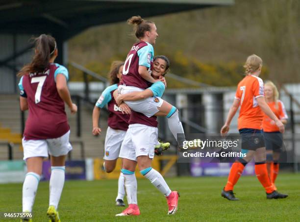 Amber Stobbs and Andria Georgiou of West Ham United Ladies celebrate Stobbs goal during The F.A. Womens Premier League Plate Competition Final at...