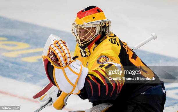 Germany's goalie Timo Pielmeier with a save during the international ice hockey friendly match between Germany and Slovakia at Energieverbund Arena...