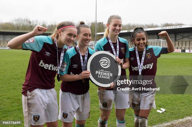 Kelly Wealthall Amber Stobbs Ellie Zoepfl and Rosie Kmita of West Ham United Ladies celebrates having scored the goals during the FA Women's Premier...