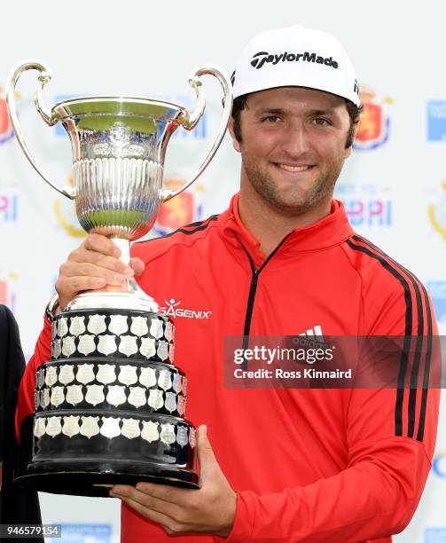 Jon Rahm of Spain celebrates with winners trophy after the final round of the Open de Espana at Centro Nacional de Golf on April 15, 2018 in Madrid,...