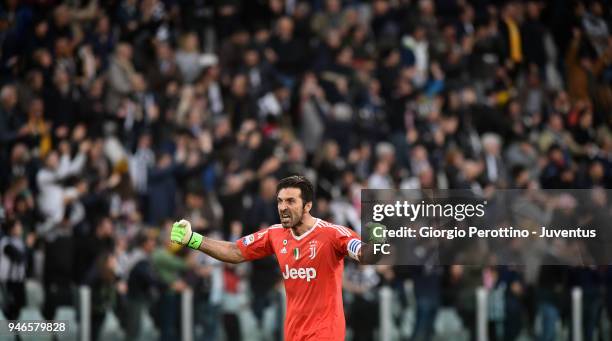 Juventus goalkeeper Gianluigi Buffon celebrates after the goal of his teammate Mario Mandzukic during the serie A match between Juventus and UC...