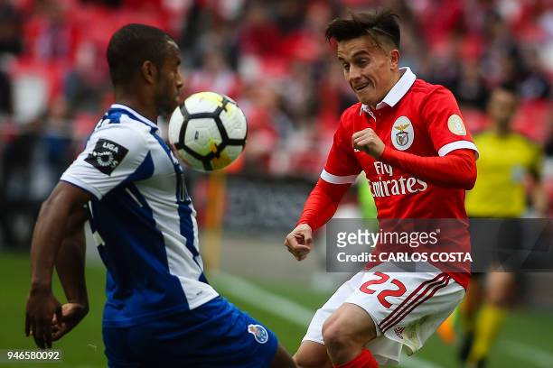 Benfica's Argentinian forward Franco Cervi vies with Porto's defender Ricardo Pereira during the Portuguese league footbal match between SL Benfica...