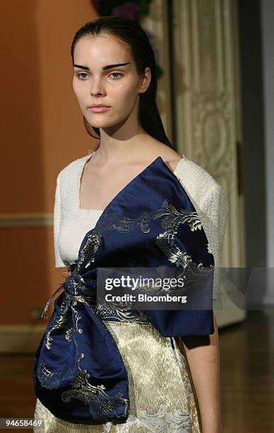 Model wears a dress by designer Roksanda Ilincic during fashion week, in London, U.K., Tuesday, September 19, 2006.