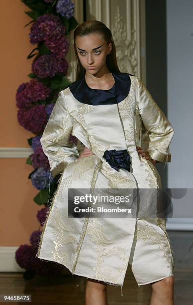 Model wears a dress by designer Roksanda Ilincic during fashion week, in London, U.K., Tuesday, September 19, 2006.