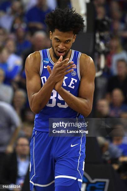 Marvin Bagley III of the Duke Blue Devils reacts during their game against the Kansas Jayhawks during the 2018 NCAA Men's Basketball Tournament...