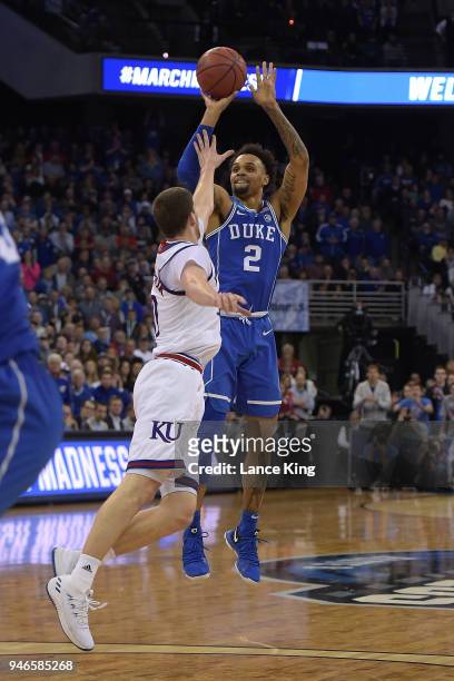Gary Trent, Jr. #2 of the Duke Blue Devils puts up a shot against the Kansas Jayhawks during the 2018 NCAA Men's Basketball Tournament Midwest...