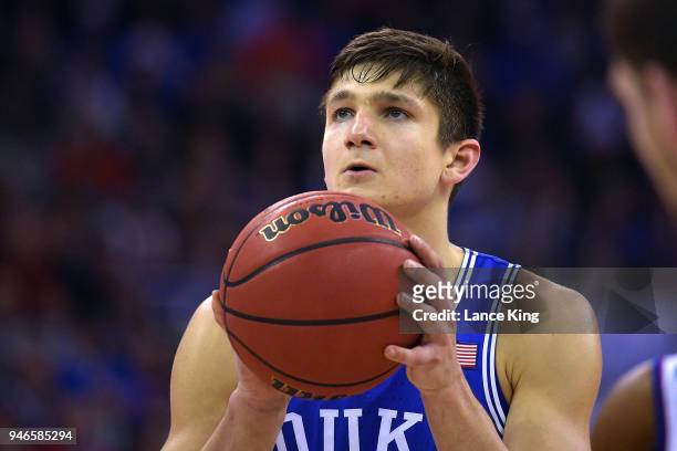 Grayson Allen of the Duke Blue Devils concentrates at the free throw line against the Kansas Jayhawks during the 2018 NCAA Men's Basketball...