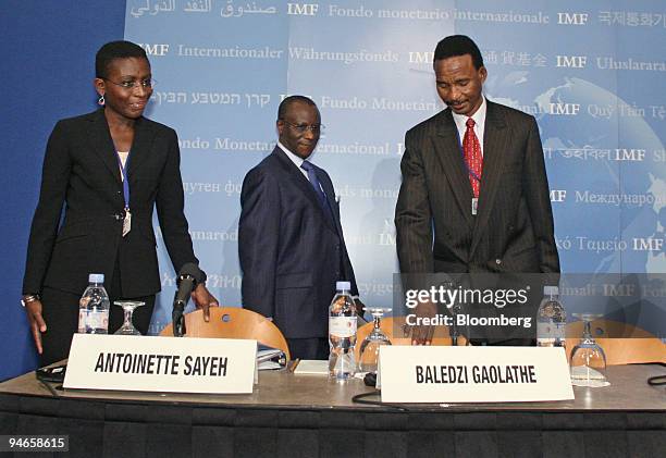 Antoinette Sayeh, Finance Minister of Liberia, left, Abdoulaye Diop, Minister of Economy and Finance of Senegal, center, and Baledzi Gaolathe,...