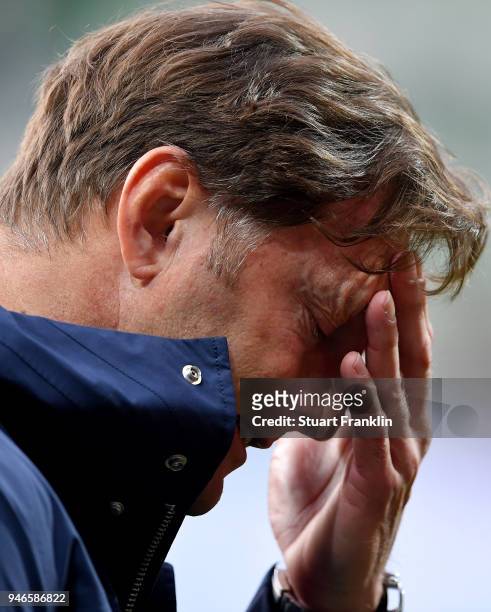 Ralph Hasenhuettl, head coach of Leipzig reacts after the Bundesliga match between SV Werder Bremen and RB Leipzig at Weserstadion on April 15, 2018...