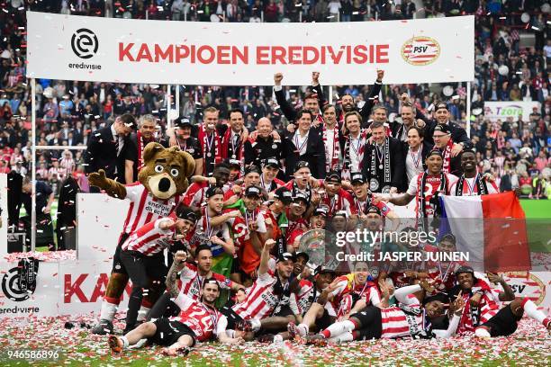 Eindhoven's celebrate winning the Dutch Eredivisie championship football match against Ajax Amsterdam at the Philips Stadion in Eindhoven, The...