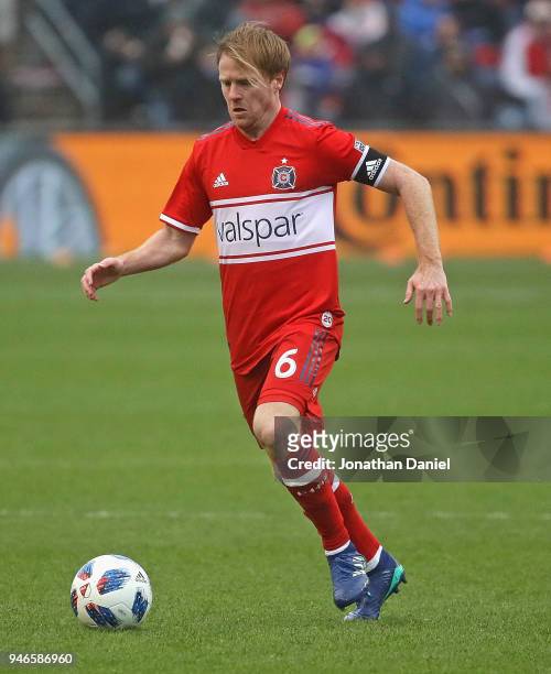 Dax McCarty of the Chicago Fire controls the ball against the Los Angeles Galaxy at Toyota Park on April 14, 2018 in Bridgeview, Illinois. The Galaxy...