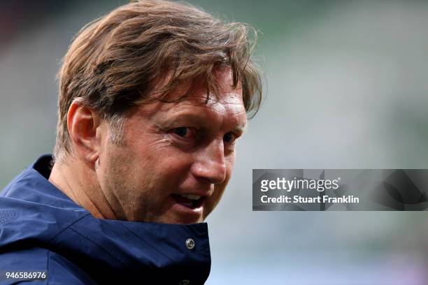 Ralph Hasenhuettl, head coach of Leipzig reacts after the Bundesliga match between SV Werder Bremen and RB Leipzig at Weserstadion on April 15, 2018...