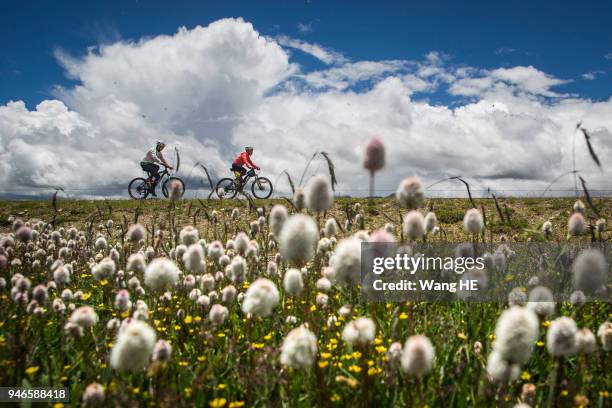 Wang chao and Wang Runxi riding from Chengdu to Lhasa bike trip at Litang County. Garze, Sichuan, China. July 23, 2017. The father and son will bike...