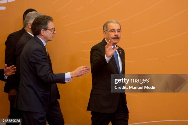 President of Republica Dominicana Danilo Medina Sanchez greets the press during Day 2 of the VIII Summit of The Americas on April 14, 2018 in Lima,...