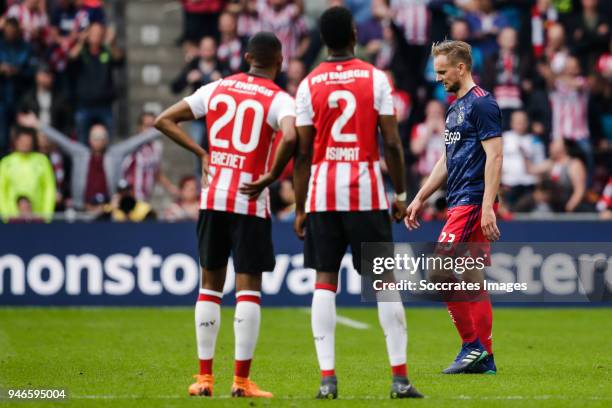 Siem de Jong of Ajax, is leaving the pitch after receiving a red card during the Dutch Eredivisie match between PSV v Ajax at the Philips Stadium on...