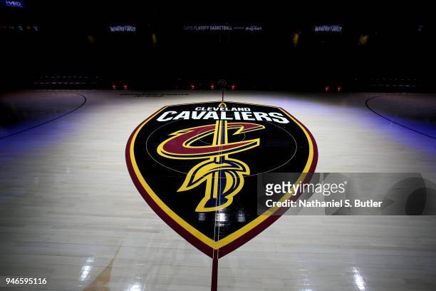 The Cleveland Cavaliers logo is seen at center court prior to to Game One of Round One of the 2018 NBA Playoffs on April 15, 2018 at Quicken Loans...