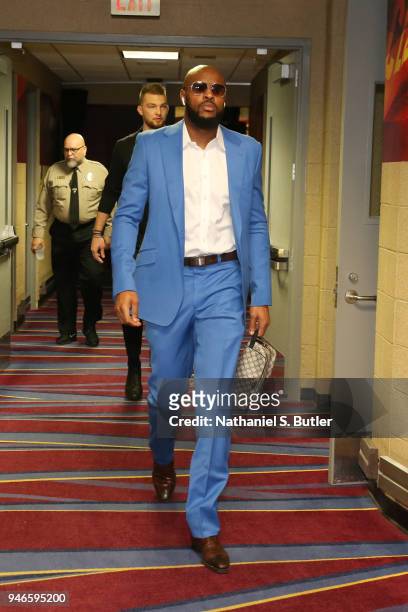 Trevor Booker of the Indiana Pacers arrives to the arena prior to Game One of Round One of the 2018 NBA Playoffs against the Cleveland Cavaliers on...