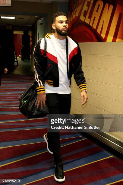 Cory Joseph of the Indiana Pacers arrives to the arena prior to Game One of Round One of the 2018 NBA Playoffs against the Cleveland Cavaliers on...