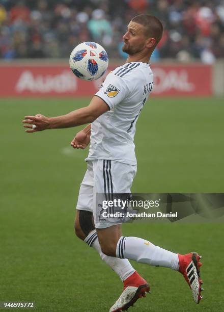 Perry Kitchen of the Los Angeles Galaxy takes a pass off of his chest against the Chicago Fire at Toyota Park on April 14, 2018 in Bridgeview,...