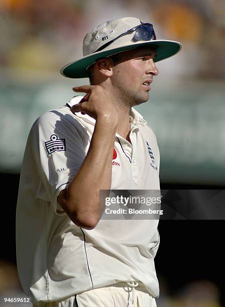 England's Steve Harmison gestures during play on day 2 of the first Ashes Test at the Gabba Cricket Ground in Brisbane, Australia, Friday, November...