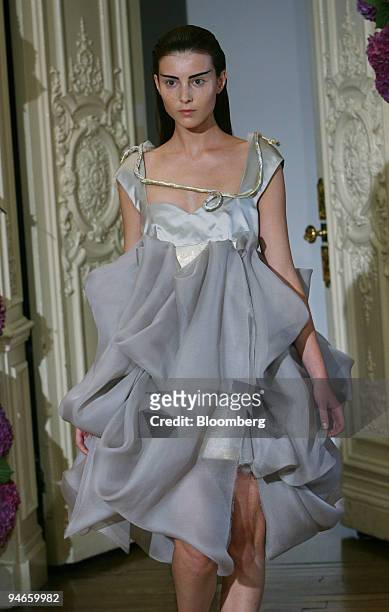 Model wears a dress by designer Roksanda Ilincic during fashion week, in London, U.K., Tuesday, September 19, 2006.