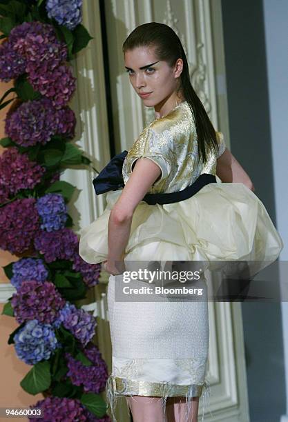 Model wears a dress by designer Roksanda Ilincic during fashion week, in London, U.K., Tuesday, September 19, 2006.