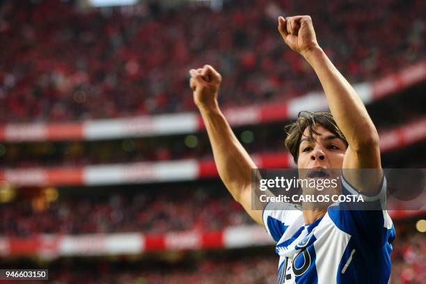 Porto's Spanish midfielder Oliver Torres celebrates a goal during the Portuguese league footbal match between SL Benfica and FC Porto at the Luz...