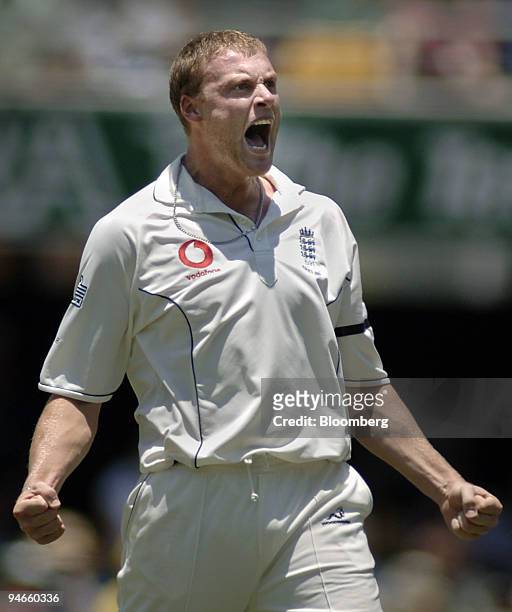 Andrew Flintoff, left, bowling for England, reacts after taking the wicket of Australia's batsman Matthew Hayden, unseen, on day 1 the first Ashes...