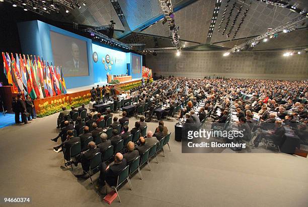 International Monetary Fund managing director Rodrigo de Rato speaks to delegates during the opening plenary session of the annual meetings of the...