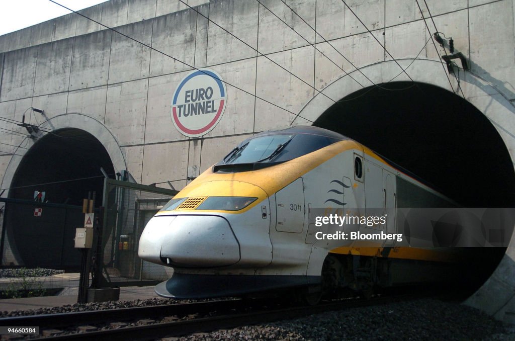 A Eurostar train enters the Eurotunnel en route to England n