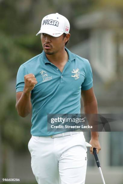 Satoshi Kodaira of Japan reacts after making his birdie putt on the third playoff hole on the 17th green during the final round the 2018 RBC Heritage...