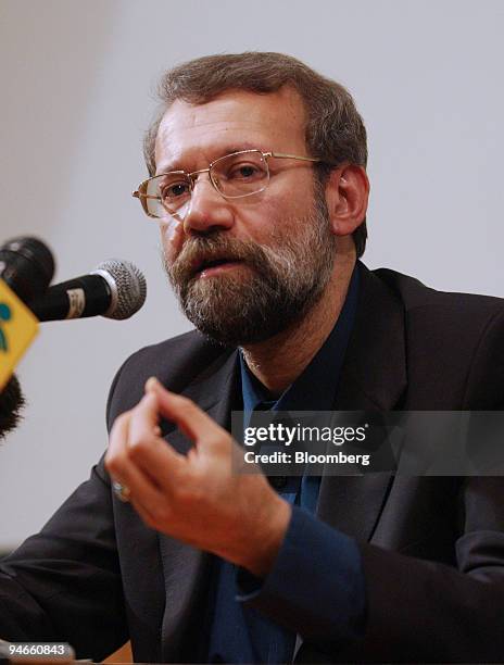Ali Larijani, Iran's secretary of the Supreme National Security Council, gestures as he speaks to a group of engineering students at Sharif...