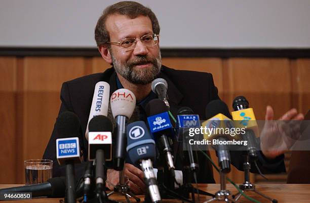 Ali Larijani, Iran's secretary of the Supreme National Security Council, gestures as he speaks to a group of engineering students at Sharif...
