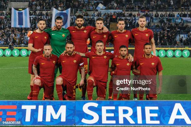 Players of Roma line-up during the Serie A match between Lazio and Roma at Olympic Stadium, Roma, Italy on 15 April 2018.