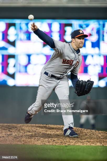 Collin McHugh of the Houston Astros pitches against the Minnesota Twins on April 10, 2018 at Target Field in Minneapolis, Minnesota. The Astros...